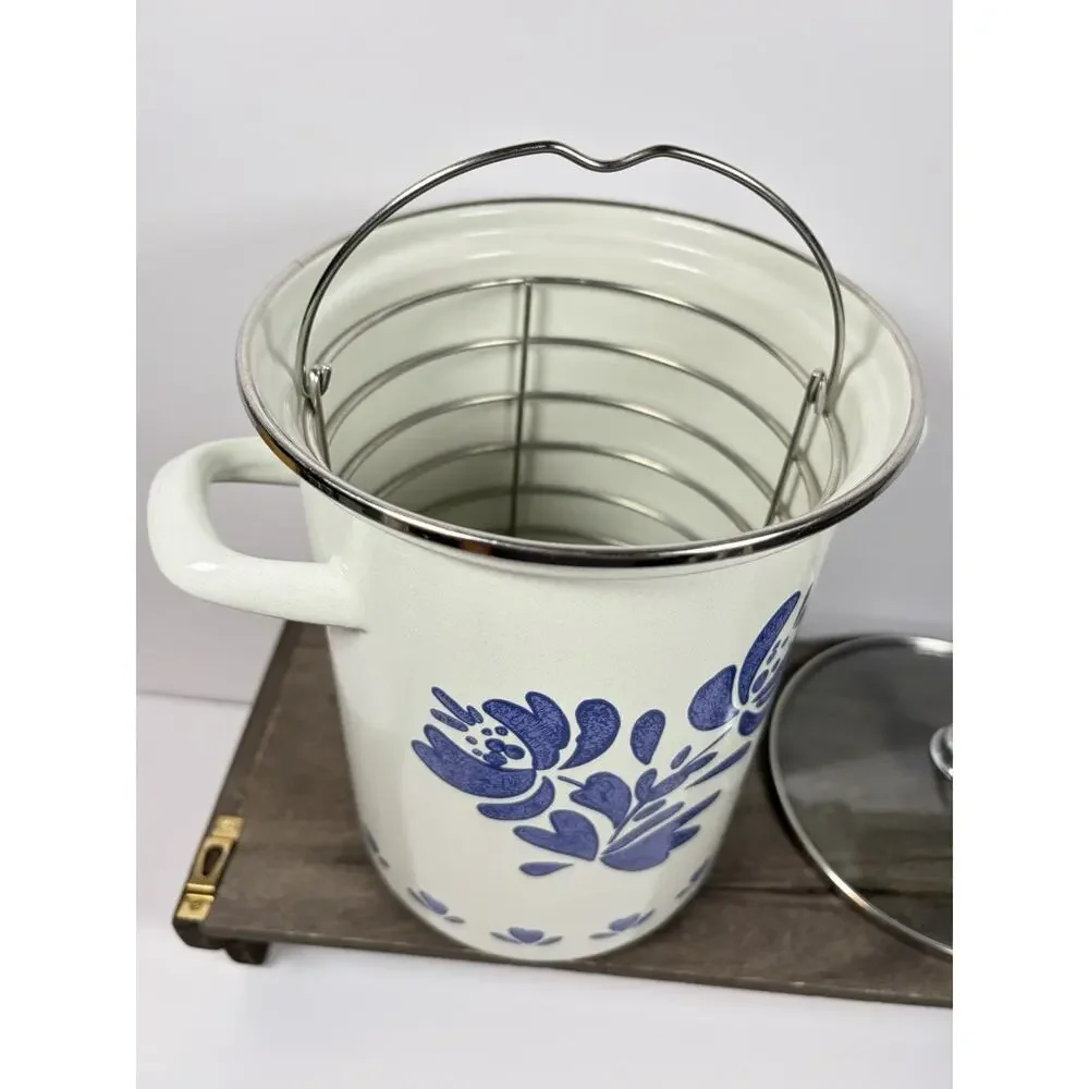 Vintage Pfaltzgraff Yorktowne Enamel Asparagus Pot, Lid, Metal Steamer Pre-Owned